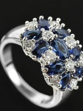 Elegant Blue Sapphire and White CZ Diamond Cluster Ring - Titamium